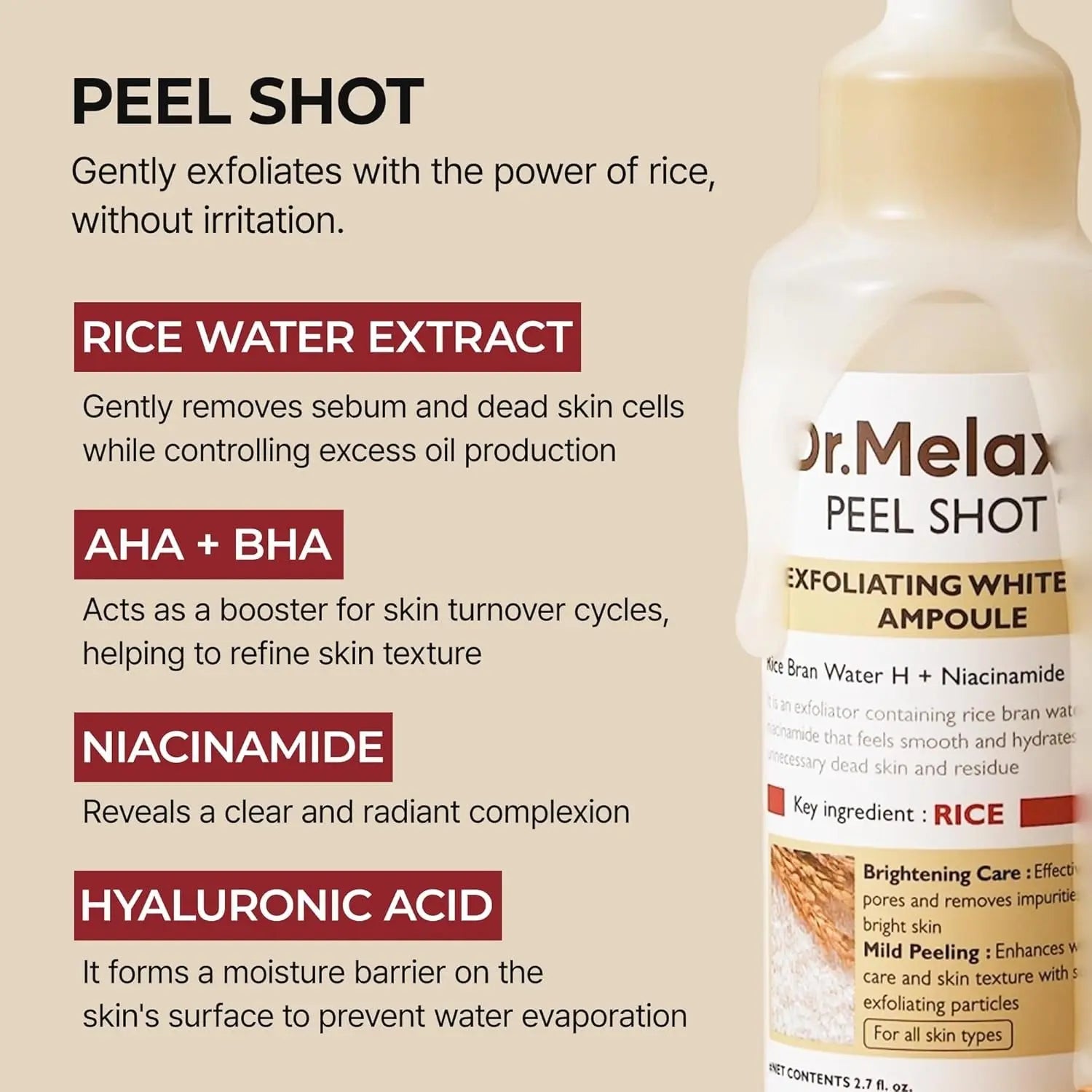 Dr.Melaxin Body & Face Peel Shot Duo Glow Rice Peeling Ampoule Kojic Acid & Turmeric spray visbiome